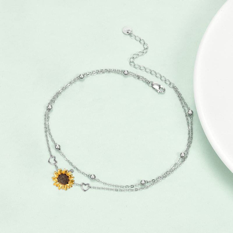 Sterling Silber zweifarbig Sonnenblume & Herz Layerered Armband-4