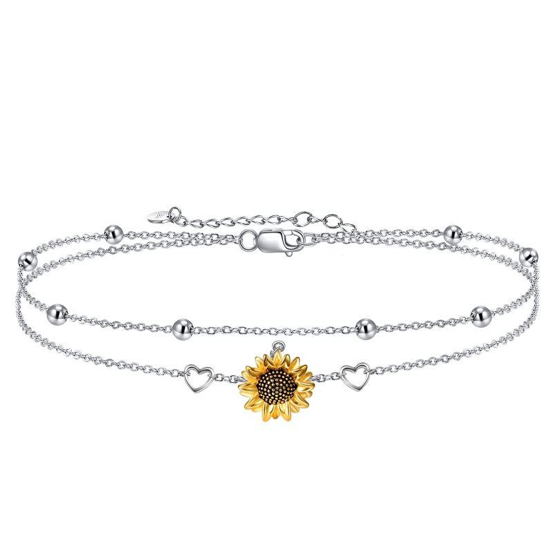Bracelet en argent sterling bicolore avec fleur de tournesol et coeur superposés-1