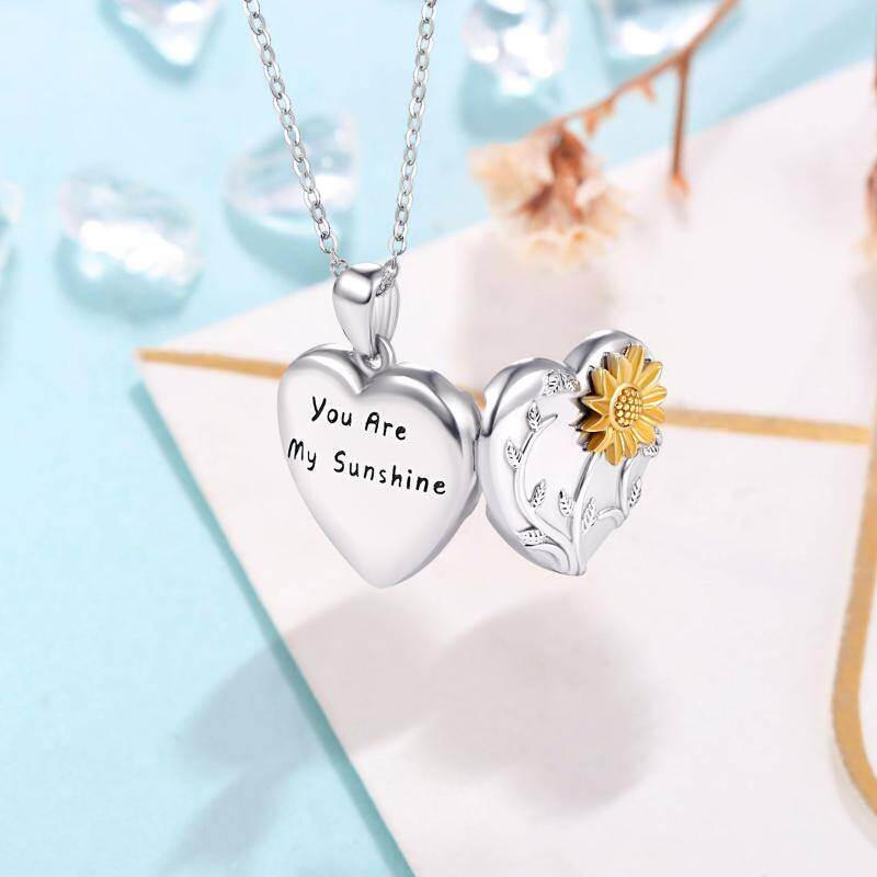 Collar Portafotos Personalizado Girasol de Plata de Ley en Dos Tonos con Palabra Grabada-3