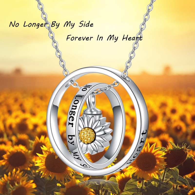 Collar de urna circular giratorio de girasol de dos tonos de plata de ley para cenizas con palabra grabada-3