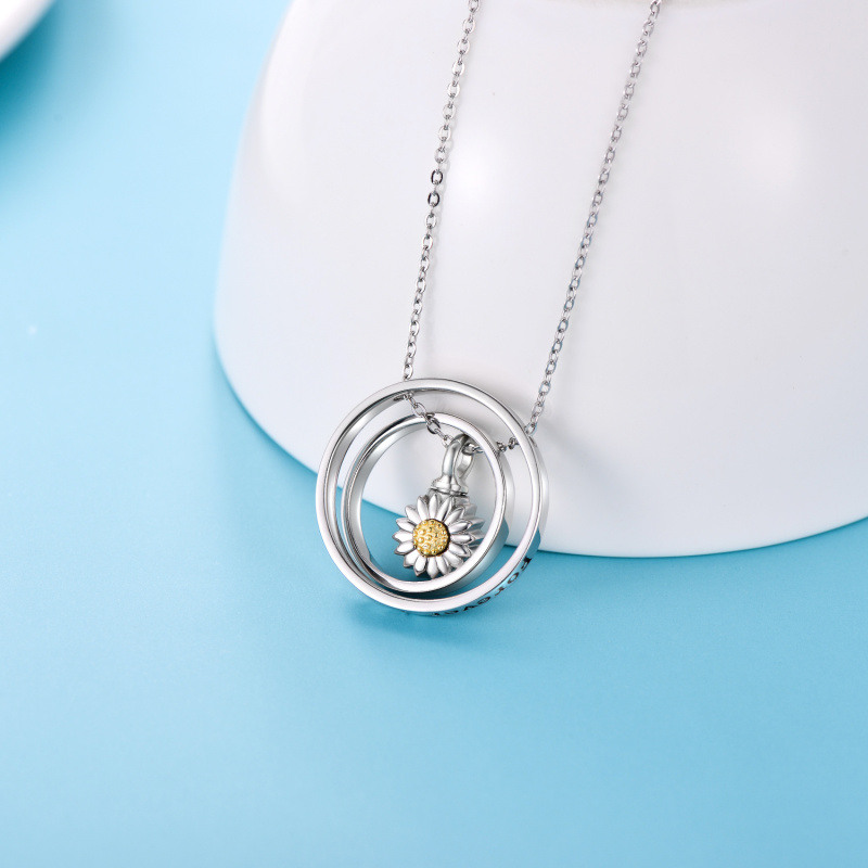 Collar de urna circular giratorio de girasol de dos tonos de plata de ley para cenizas con palabra grabada-5