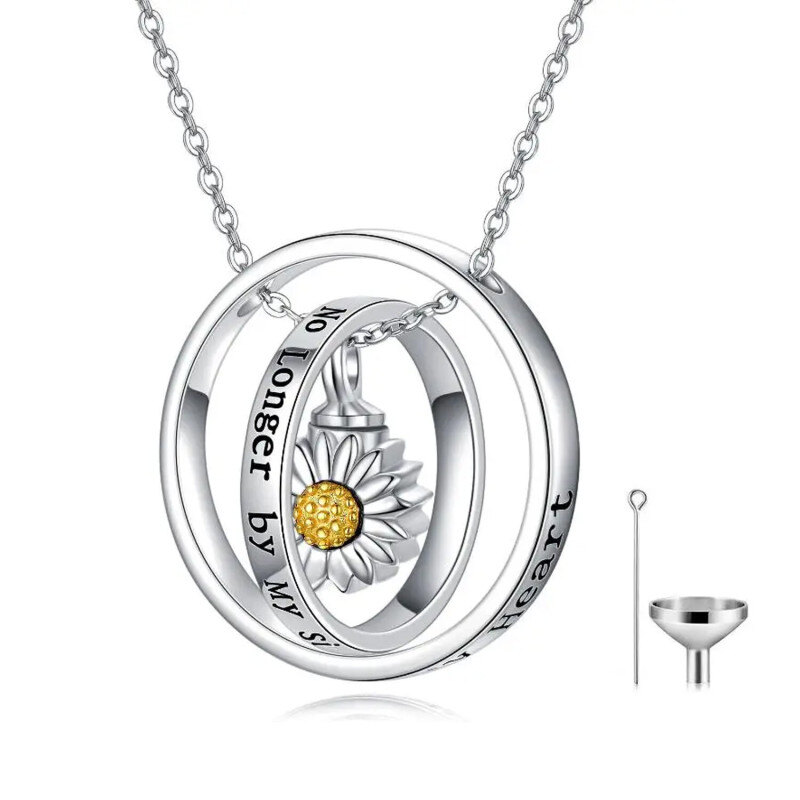 Collar de urna circular giratorio de girasol de dos tonos de plata de ley para cenizas con palabra grabada-1