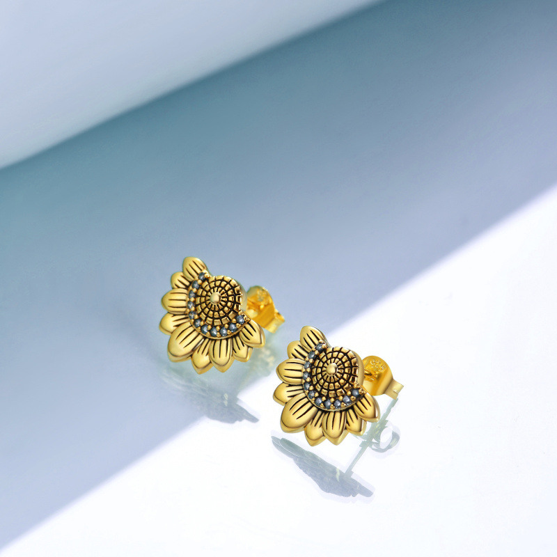 Pendientes de plata de ley con forma de girasol en dos tonos-3