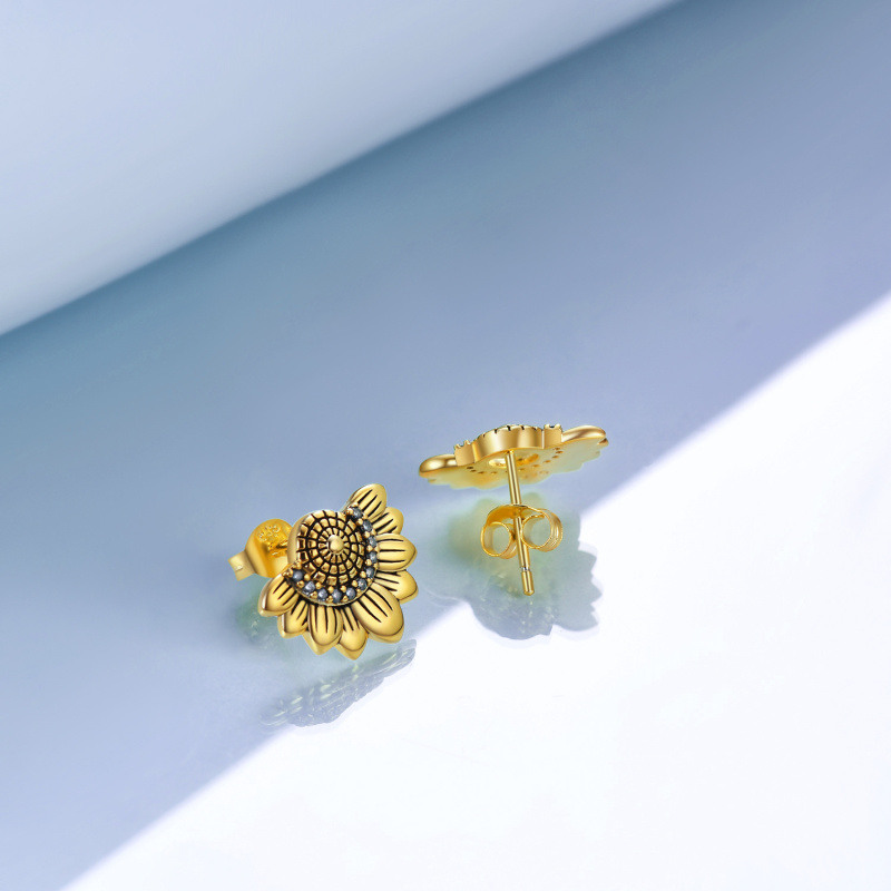 Pendientes de plata de ley con forma de girasol en dos tonos-4