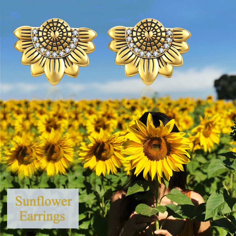 Pendientes de plata de ley con forma de girasol en dos tonos-6