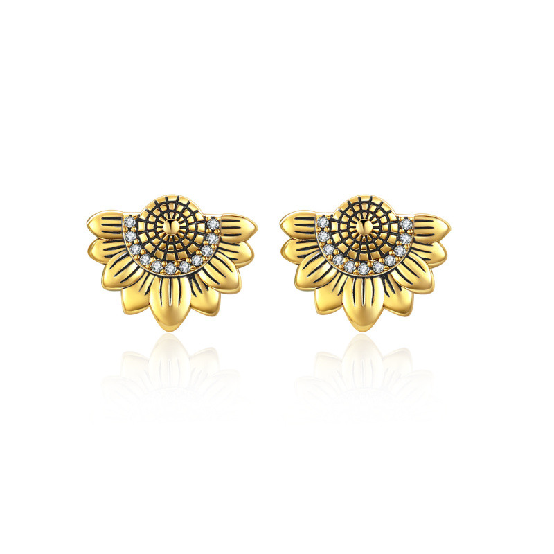 Pendientes de plata de ley con forma de girasol en dos tonos-1