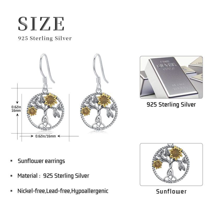 Boucles d'oreilles pendantes arbre de vie tournesol bicolore en argent sterling-4