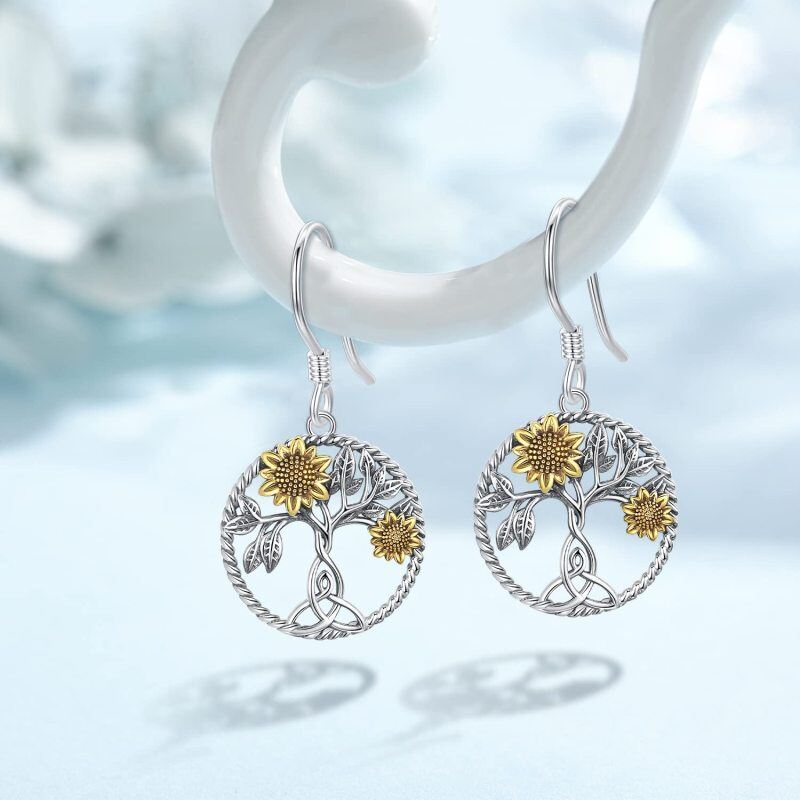 Boucles d'oreilles pendantes arbre de vie tournesol bicolore en argent sterling-5