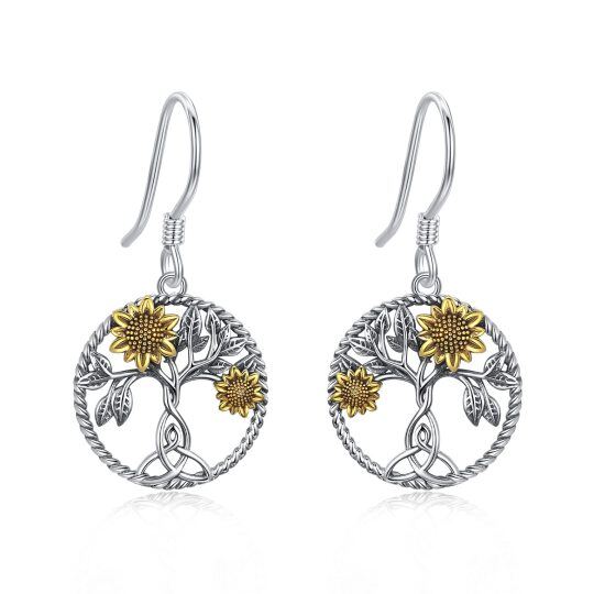 Pendientes colgantes con forma de árbol de la vida y girasol en dos tonos de plata de ley