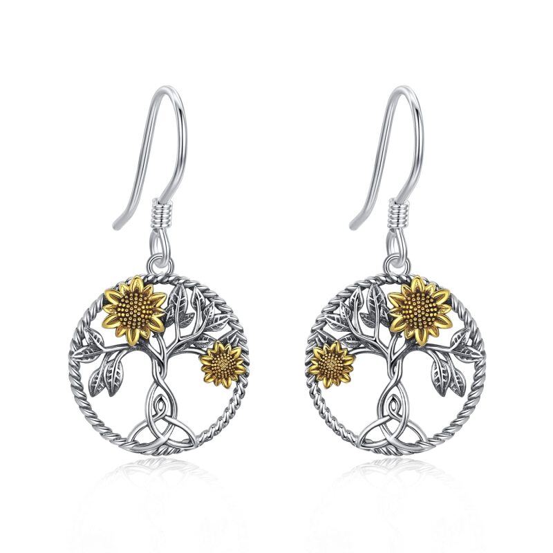 Boucles d'oreilles pendantes arbre de vie tournesol bicolore en argent sterling-1