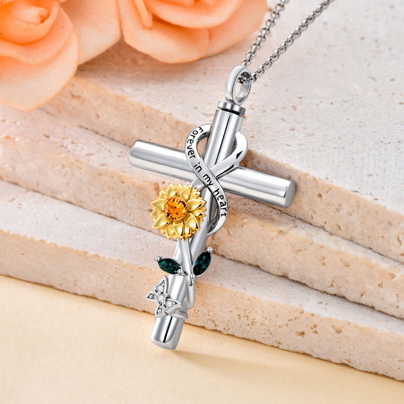 Collar de urna para cenizas con símbolo de infinito y cruz con mariposa y girasol bicolor de plata de ley con palabra grabada para mujer-3