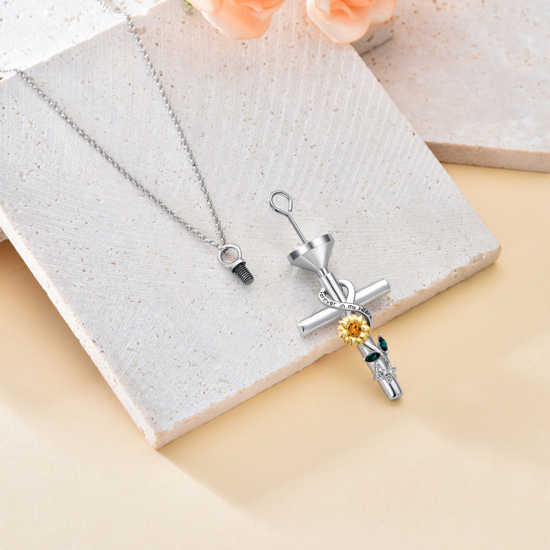Collar de urna para cenizas con símbolo de infinito y cruz con mariposa y girasol bicolor de plata de ley con palabra grabada para mujer-4