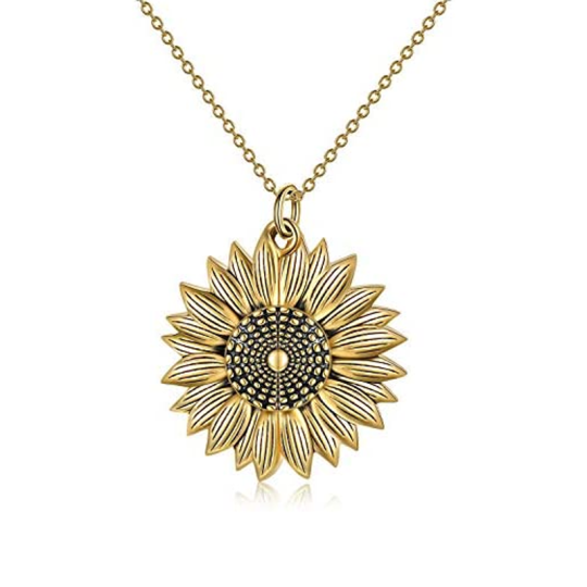 Collar de plata de ley con grabado de girasol y circonita cúbica verde azulado de dos tonos para mujer