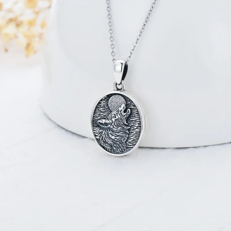 Sterling Silber zweifarbig Wolf Anhänger Halskette-3