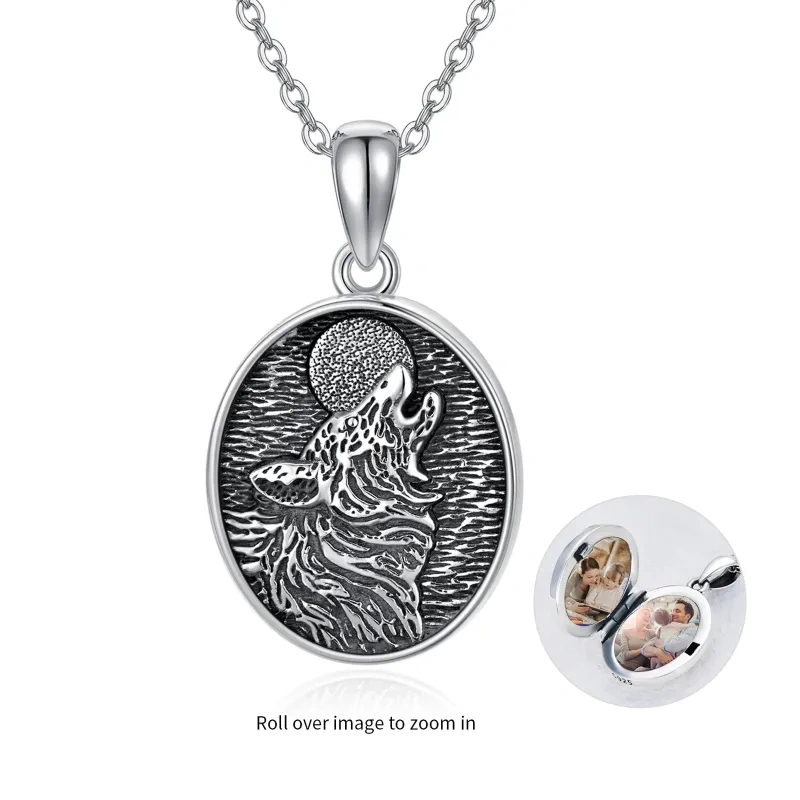 Sterling Silber zweifarbig Wolf Anhänger Halskette-1