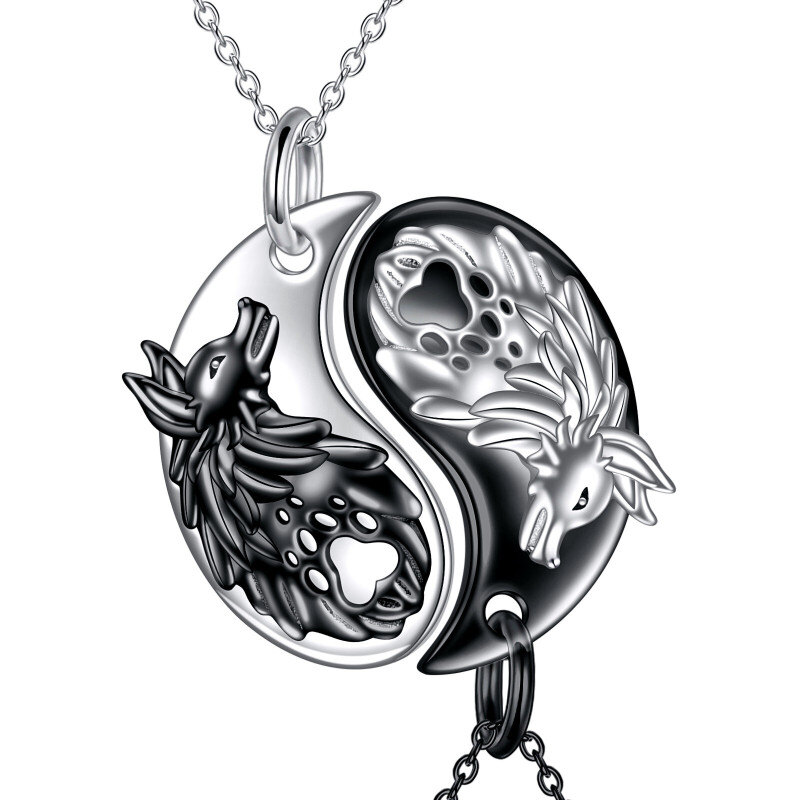 Collier en argent sterling avec pendentif en forme de couple de loups et de Yin Yang pour hommes et femmes-3