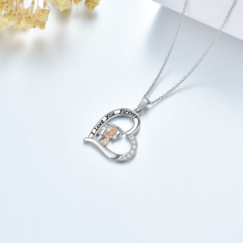 Collar con colgante de plata de ley de dos tonos de circonitas, caballo y corazón con pala-3