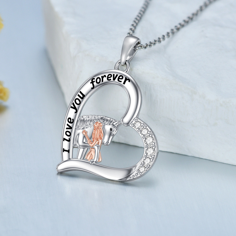 Collar con colgante de plata de ley de dos tonos de circonitas, caballo y corazón con pala-4