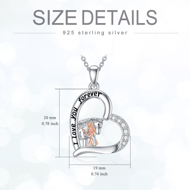 Collar con colgante de plata de ley de dos tonos de circonitas, caballo y corazón con pala-6