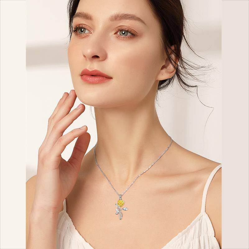 Sterling Silver Two-tone Zirconia Yellow Rose Pendant Necklace-2