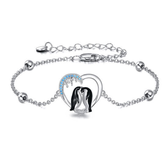 Sterling Silver Two-tone Zircon Penguin & Heart Charm Bracelet