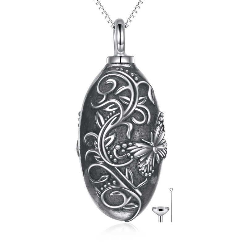 Plata de Ley Vintage Oxidado Ivy Mariposa Urna Collar para cenizas-15