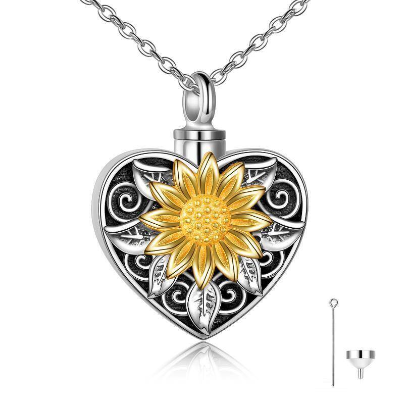 Collar de plata de ley Vintage oxidado girasol y urna corazón para cenizas-12