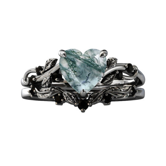 Bague de fiançailles en argent sterling avec agate mousse en forme de cœur plaquée de couleur noire et gravure personnalisée en forme de cœur de lierre