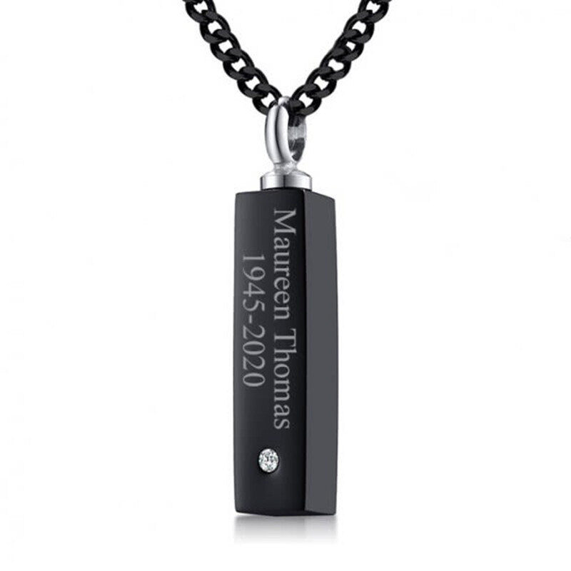Plata de ley con circonita cúbica circular chapada en negro, nombre clásico personalizado con barra, collar de urna para cenizas para hombres-11