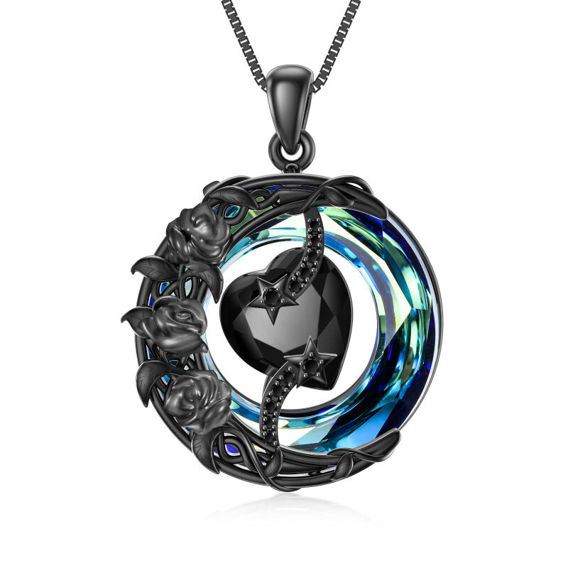 Collar de plata de ley con rodio negro en forma de rosa circular y colgante de cristal en-8
