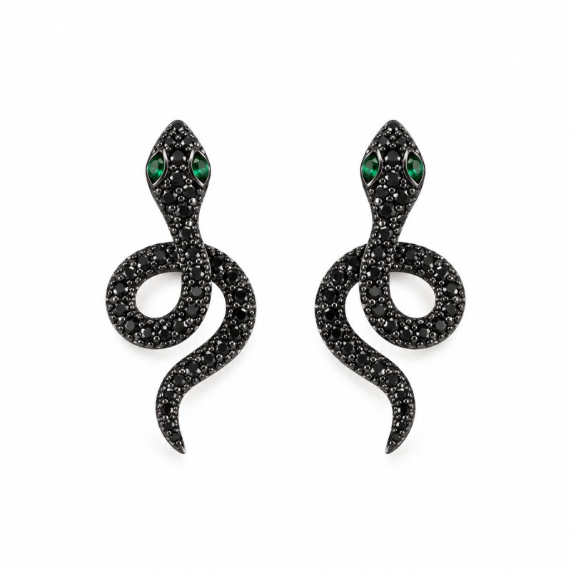 Pendientes de plata de ley con baño de rodio negro y esmeralda sintética talla marquesa en forma de serpiente.-2