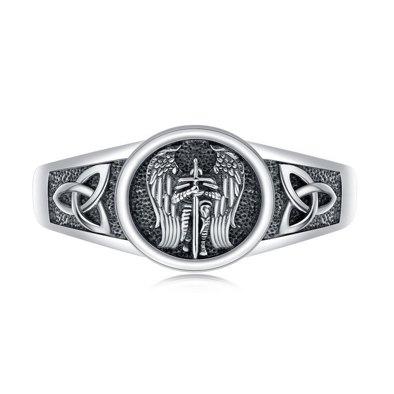 Sterling Silver with Black Rhodium Color Saint Michael Open Ring-9