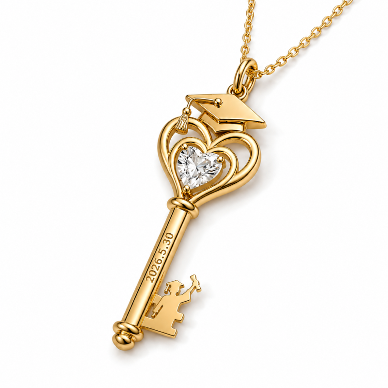 Sterling Silver with Gold Plated Crystal Engravable & Key Pendant Necklace-4