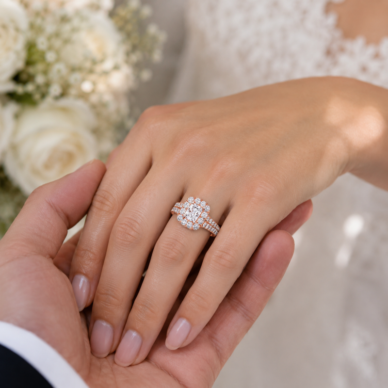 Bague de fiançailles en argent sterling plaqué or rose, sertie d'un diamant de laboratoire taille coussin de 1 carat et d'un halo personnalisé avec pierres latérales.-2