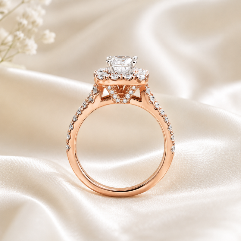 Bague de fiançailles en argent sterling plaqué or rose, sertie d'un diamant de laboratoire taille coussin de 1 carat et d'un halo personnalisé avec pierres latérales.-3