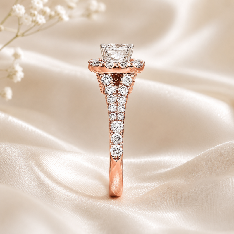 Bague de fiançailles en argent sterling plaqué or rose, sertie d'un diamant de laboratoire taille coussin de 1 carat et d'un halo personnalisé avec pierres latérales.-4