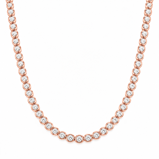 Collar de cadena de tenis de plata de ley con baño de oro rosa y moissanita redonda de 3 mm con engaste de bisel, de 16 a 28 pulgadas.
