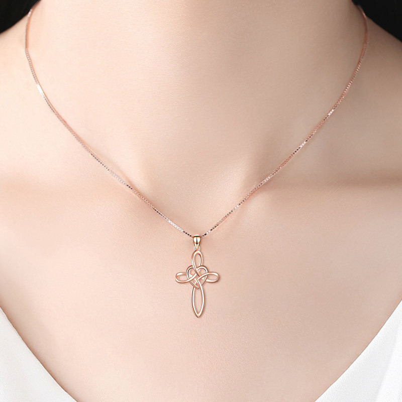 Sterling Silver with Rose Gold Plated Celtic Knot & Cross Pendant Necklace-2