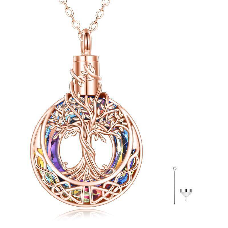 Collar de plata de ley con baño de oro rosa en forma de árbol de la vida de cristal circul-17