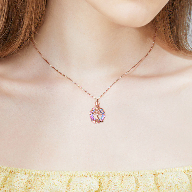 Sterling Silver with Rose Gold Plated Circular Shaped Crystal Tree Of Life Urn Necklace for Ashes-2