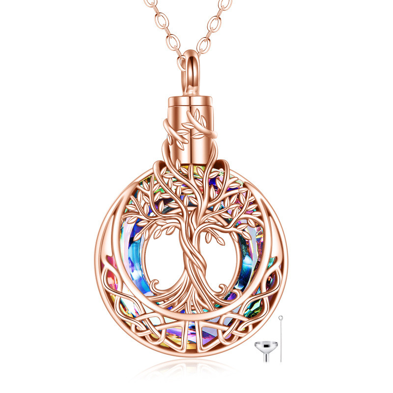 Sterling Silver with Rose Gold Plated Crystal Tree Of Life & Celtic Knot Urn Necklace for Ashes-12