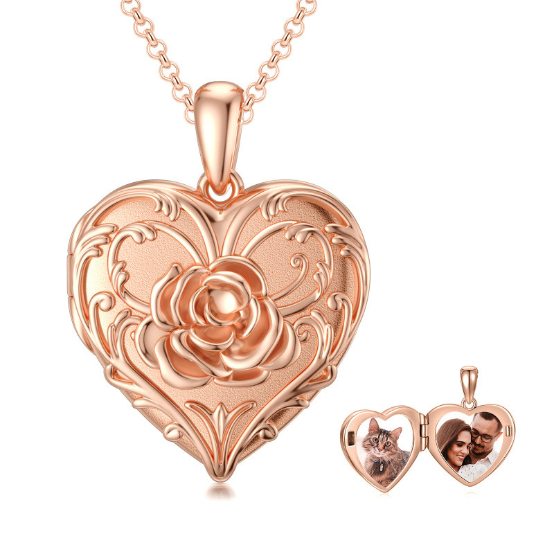 Collar con medallón de foto con grabado personalizado en forma de corazón y rosa chapado en oro rosa para mujer.-10
