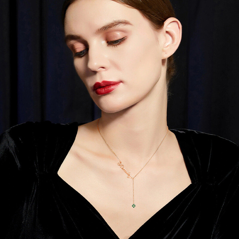 Collier en Y réglable en argent sterling avec cœur en zircon plaqué or rose et nom classique avec trèfle à quatre feuilles-2
