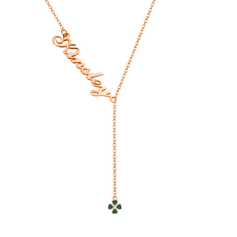 Collier en Y réglable en argent sterling avec cœur en zircon plaqué or rose et nom classique avec trèfle à quatre feuilles-1