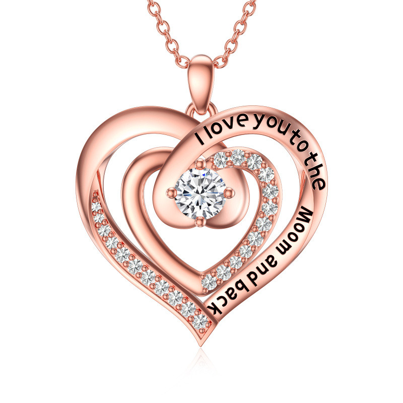 Halskette aus Sterlingsilber mit rosévergoldetem Moissanit-Herzanhänger und Gravur für Damen-1