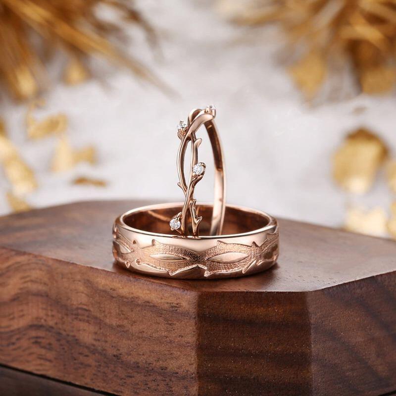 Anéis de casal em prata de lei com banho de ouro rosa em forma de gota de ágata musgo-5