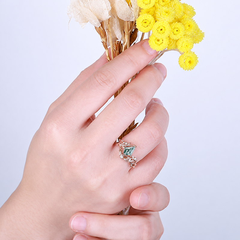 Bague de fiançailles en argent sterling plaqué or rose avec feuilles d'agate mousse-2