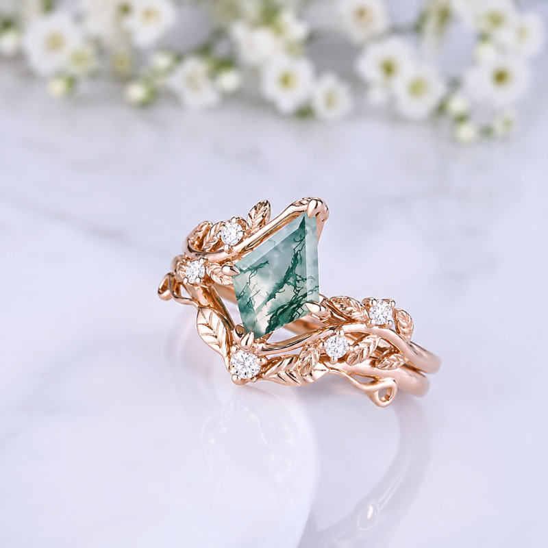 Bague de fiançailles en argent sterling plaqué or rose avec feuilles d'agate mousse-3