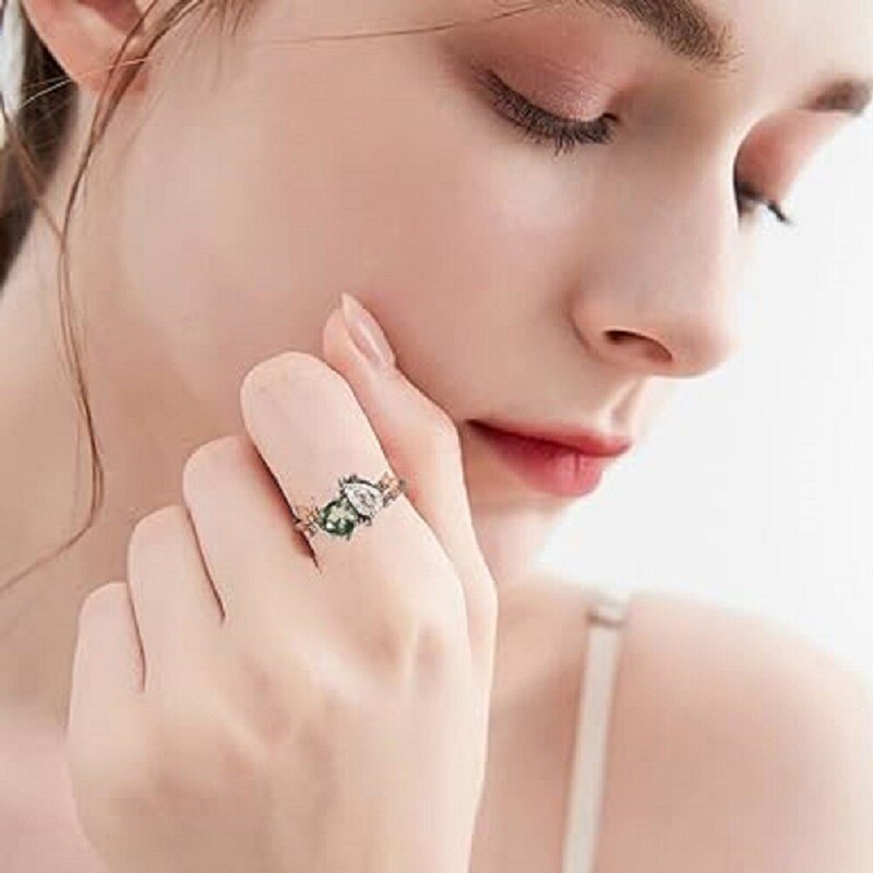 Bague de fiançailles en argent sterling plaqué or rose avec feuille d'érable en agate mousse-2