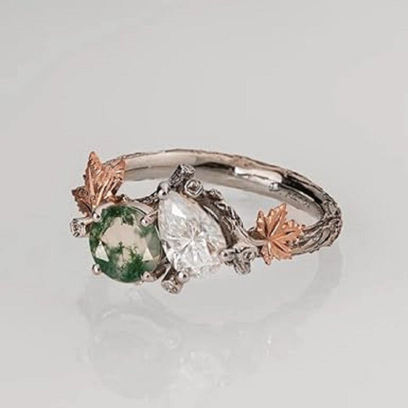 Bague de fiançailles en argent sterling plaqué or rose avec feuille d'érable en agate mousse-3